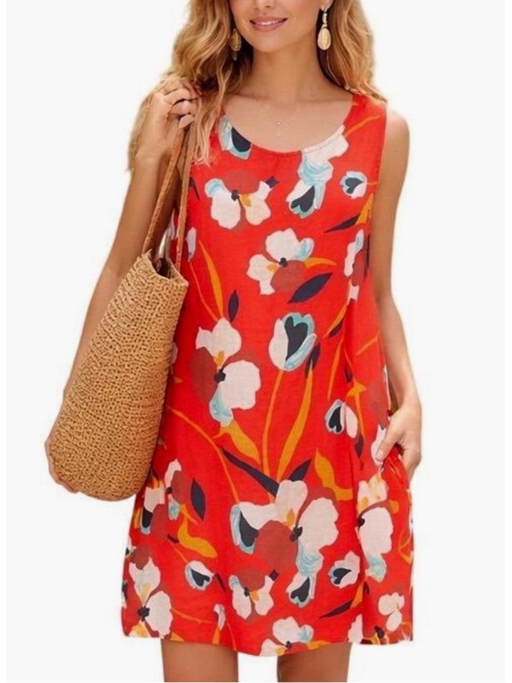 NWT Sigrid Olsen 100% Linen Mini Shift Dress Size 2X Red Floral Sleeveless